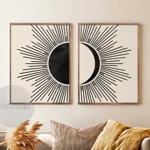 Sun and Moon Art Set of 2 Prints, Mid Century Sun and Moon