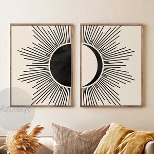 Sun and Moon Art Set of 2 Prints, Mid Century Sun and Moon Boho Print Set, Geometric Abstract Art, Boho Wall Art, Black and Beige Art