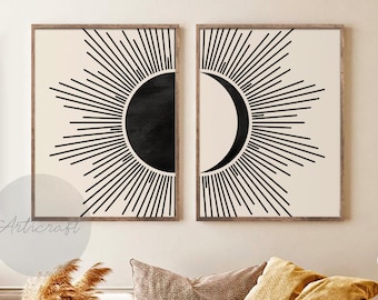 Sun and Moon Art Set of 2 Prints, Mid Century Sun and Moon Boho Print Set, Geometric Abstract Art, Boho Wall Art, Black and Beige Art