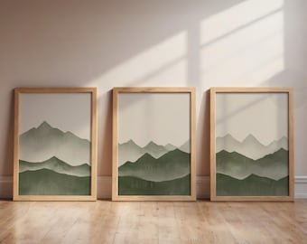 Abstrakt grüner Berg druckbare Set von 3, minimalistische abstrakte Landschaft Wandkunst, digital, Wohnkultur