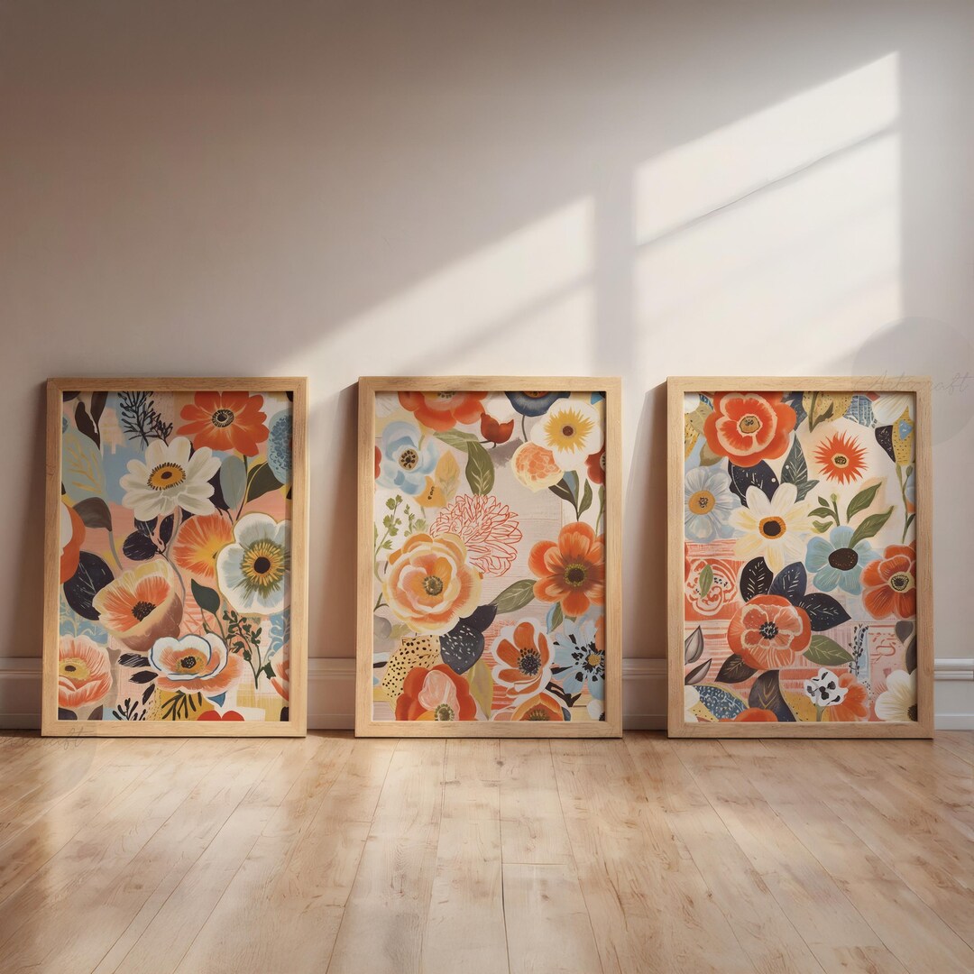 Boho Abstract Floral Printable Set of 3 Retro Maximalist Flower Market ...