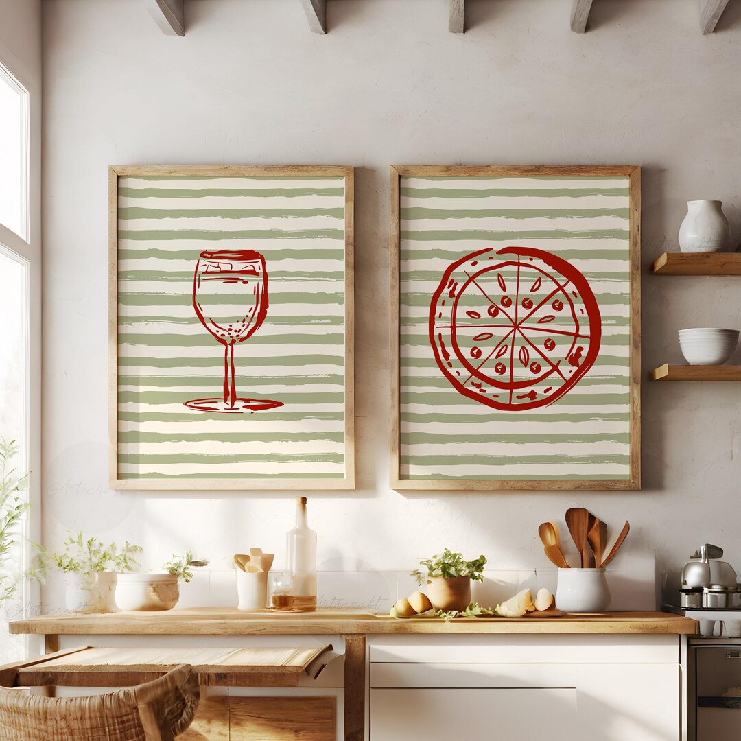 kitchen wall art set retro pie vintage printable... Food Printable Retro Wall Art Set of 2 Wine & Pizza Rustic Dinner ...