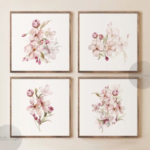 Watercolor Botanical Print Set of 4, Gallery Wall art, Floral Printable Art, Blush Pink Flowers, Floral Square Prints, Modern Home Decor Art