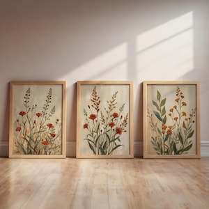 May include: Three framed botanical art prints. Each print features watercolour illustrations of wildflowers in shades of red, orange, and green against a neutral background. The frames are made of light-coloured wood, displayed on a wooden floor.