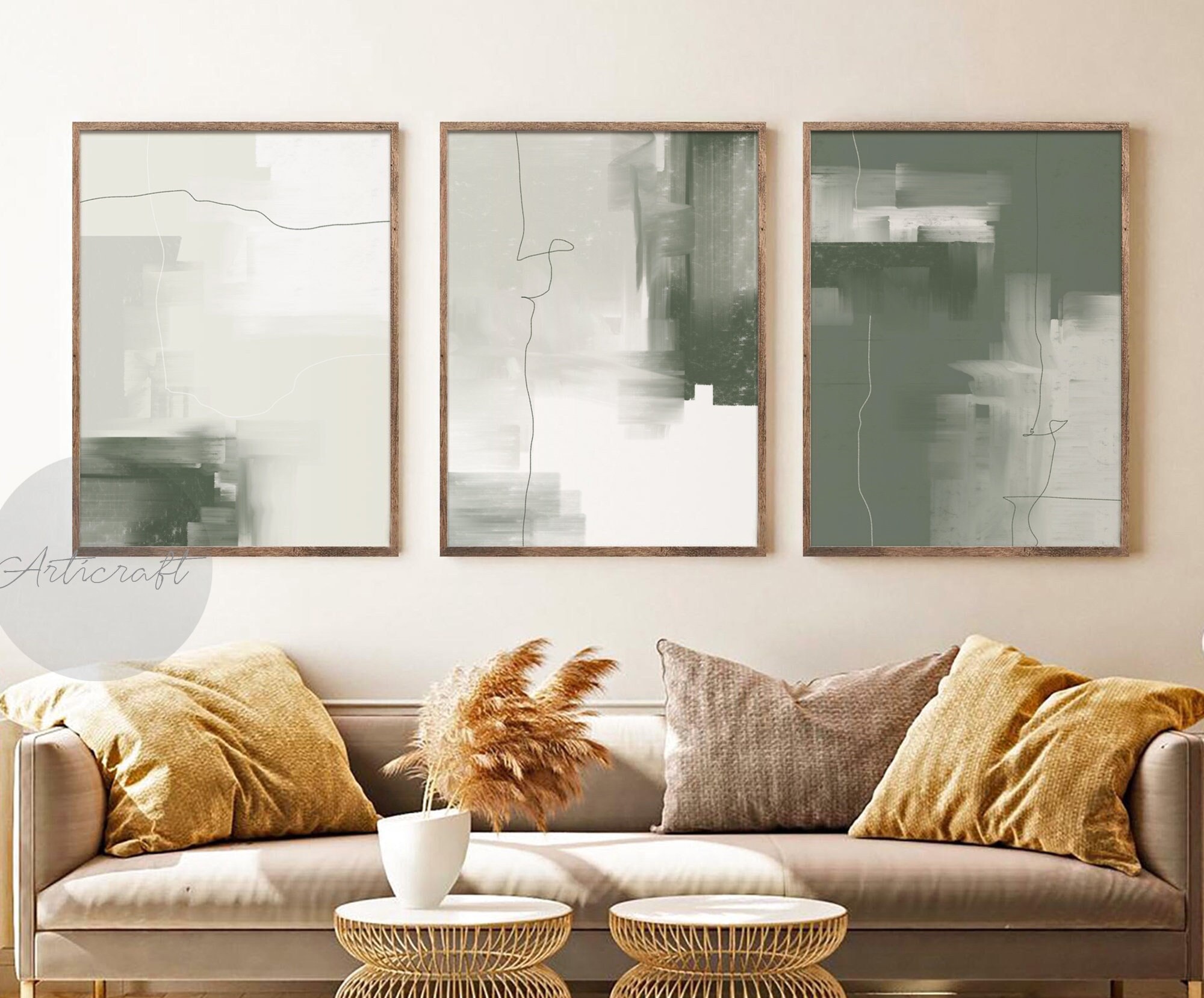 Abstract Sage Green Art Modern 3 Piece Art Painting Gallery Etsy