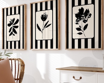 Floral printable 3 set, neutral flowers wall art, digital striped botanical, minimal modern home decor, cottagecore black, beige wildflowers