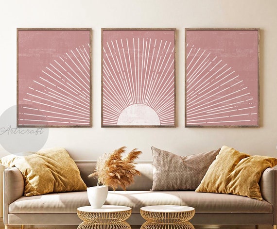 Sun Print Set of 3 Wall Decor, Boho Blush Pink Digital Abstract Sun,  Nursery Art, Mid Century Modern Geometric Sun Print, Boho Wall Art 