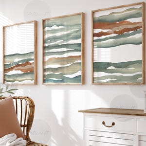 Abstrakte Aquarell Kunst 3er-Set Prints, Digitale Salbei grün blau Terrakotta Wand Kunst Poster, moderne Wanddekoration, Boho minimalistisches Wohnzimmer