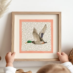 Mallard duck printable square poster, Nursery vintage farmhouse cottagecore wall art, digital trendy playroom decor retro kids&#39; illustration
