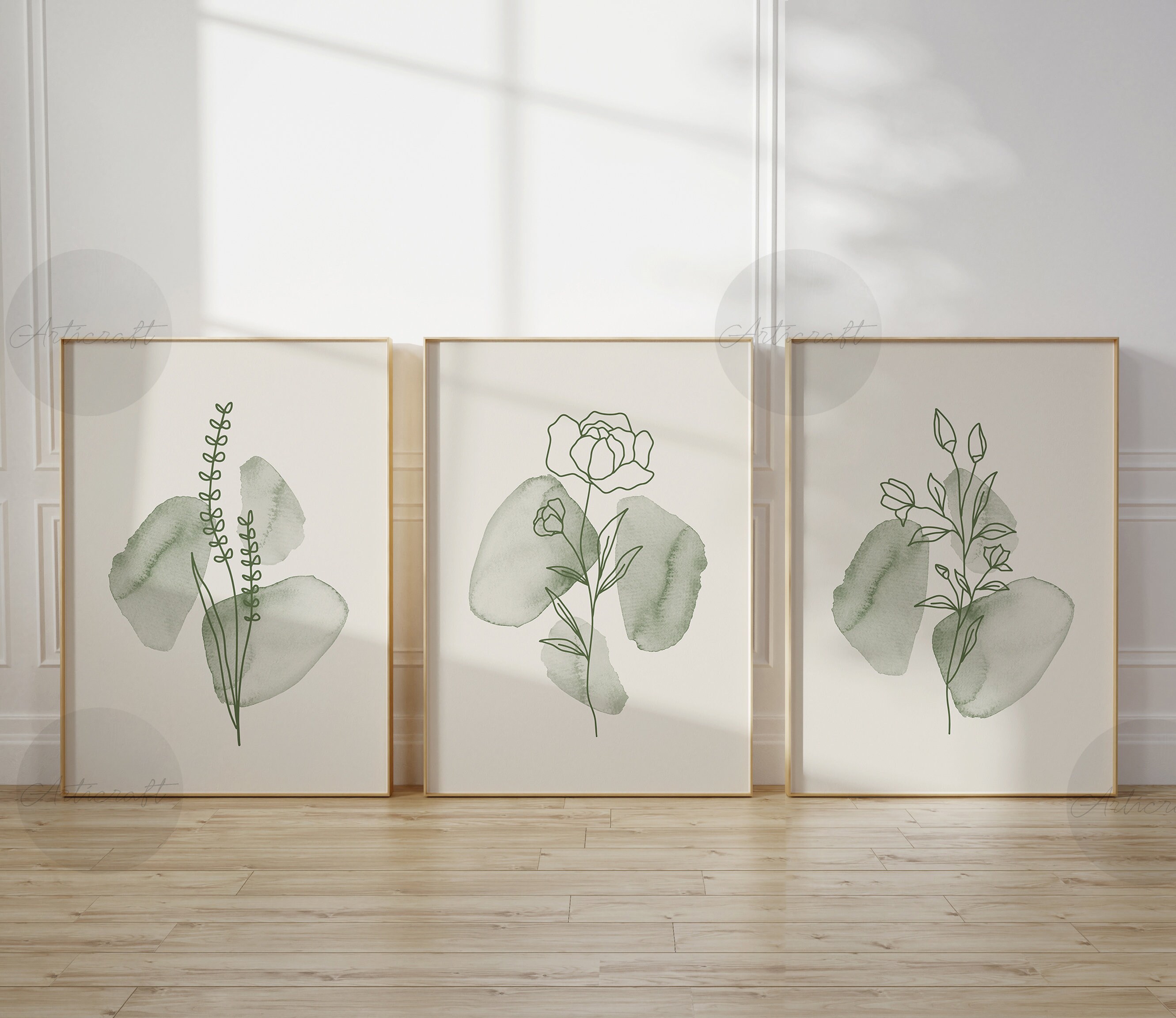 Boho Botanical Print Set of 3, Green Beige Gallery Wall Art, Sage Wild ...