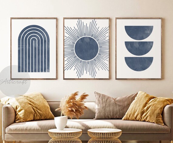 Blue Mid Century Modern Print Set of 3 Prints Geometric Art