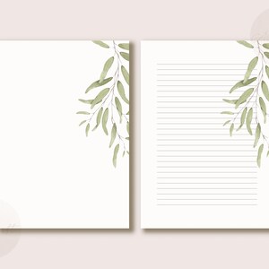 Papelería botánica imprimible, páginas de ramas de olivo, papel de escritura digital, hojas minimalistas. Papel imprimible tamaño A4 y carta de EE. UU. 8.5x11.