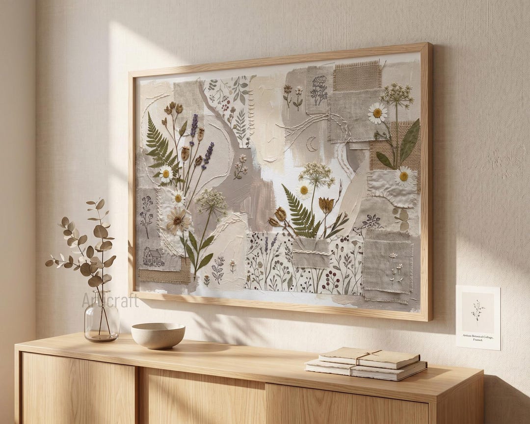 Neutral Cottagecore Printable Wall Art, Mix Media Wildflower Horizontal ...