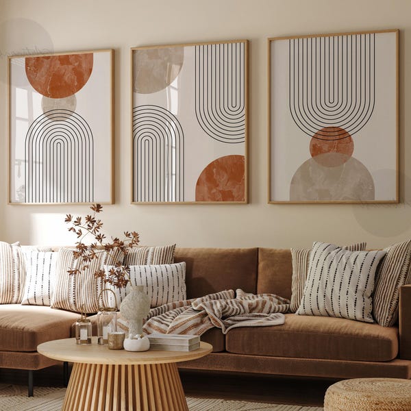 Beige and terracotta orange Mid-century Modern Geometric Art Set of 3 Prints, Boho Wall decor, Printable Abstract Art, Rainbow Line Prints