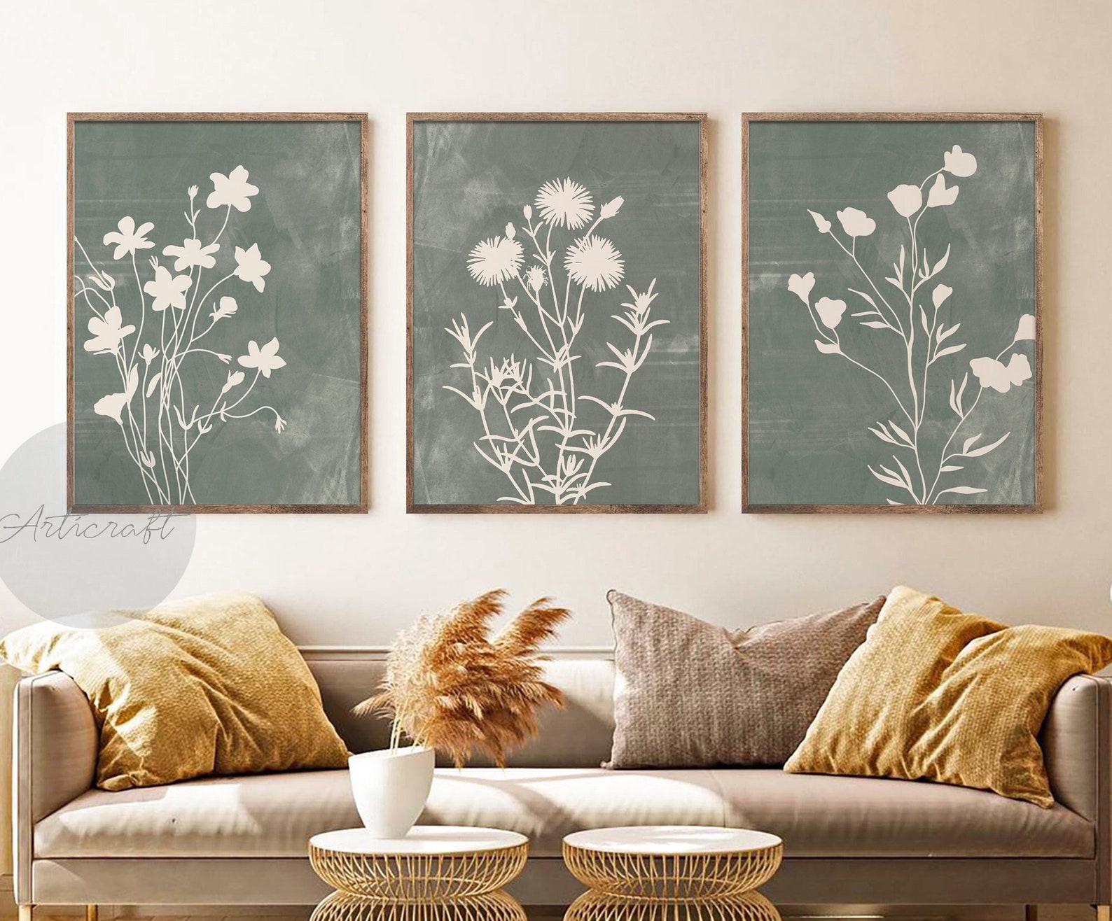 Abstract Sage Green Botanical Art Set of 3 Prints, Boho Gallery Wall ...