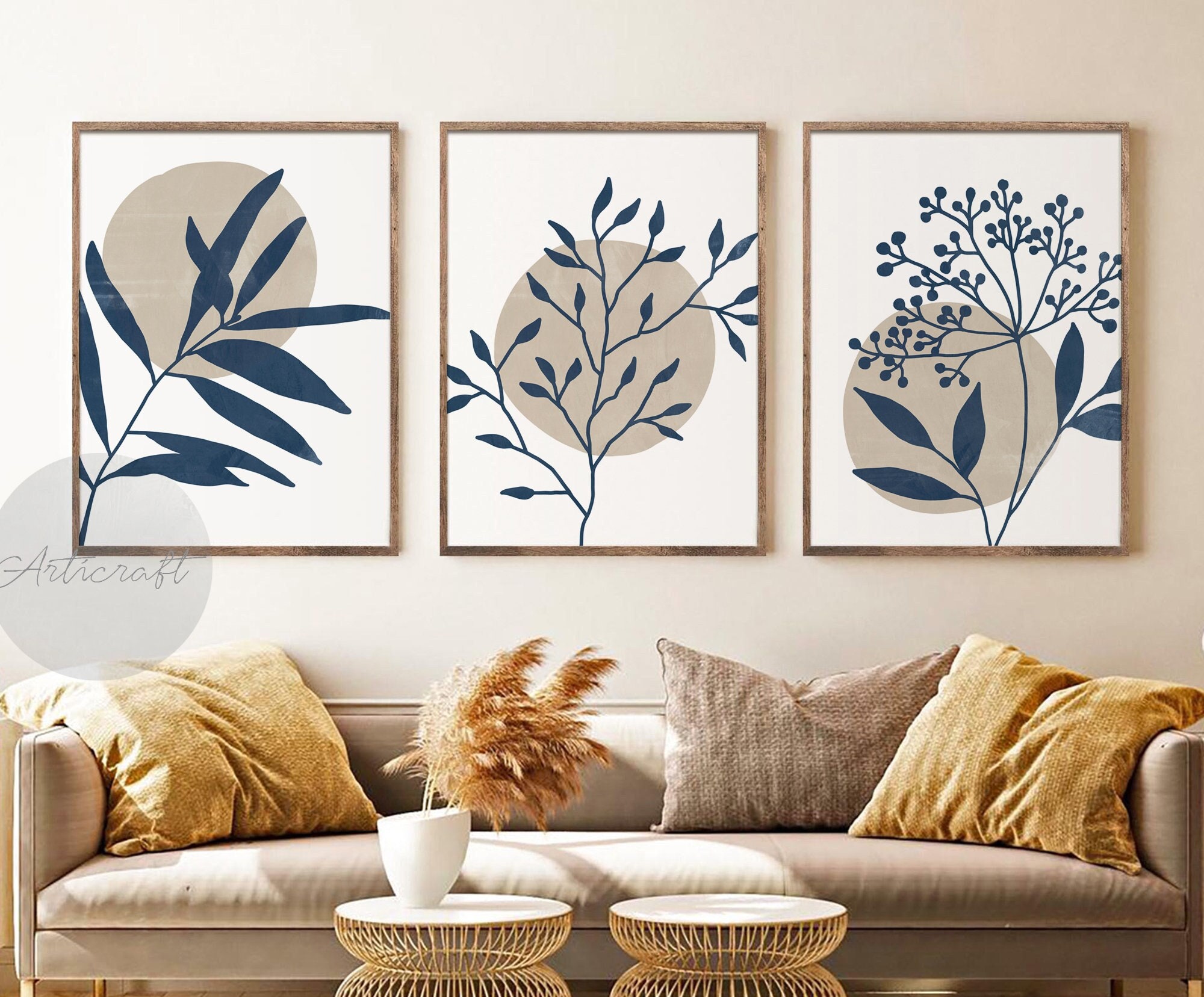 Abstract Botanical Art Set of 3 Prints, Boho Gallery Wall Art, Navy ...