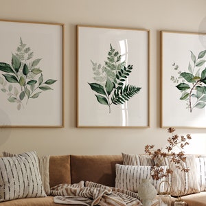 Green Leaves Set of 3, Botanical Gallery Wall art, Boho Farmhouse Printable Art, Minimal Botanical Art, Cottage core Modern Home Decor