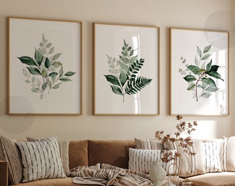 Green Leaves Set of 3, Botanical Gallery Wall art, Boho Farmhouse Printable Art, Minimal Botanical Art, Cottage core Modern Home Decor