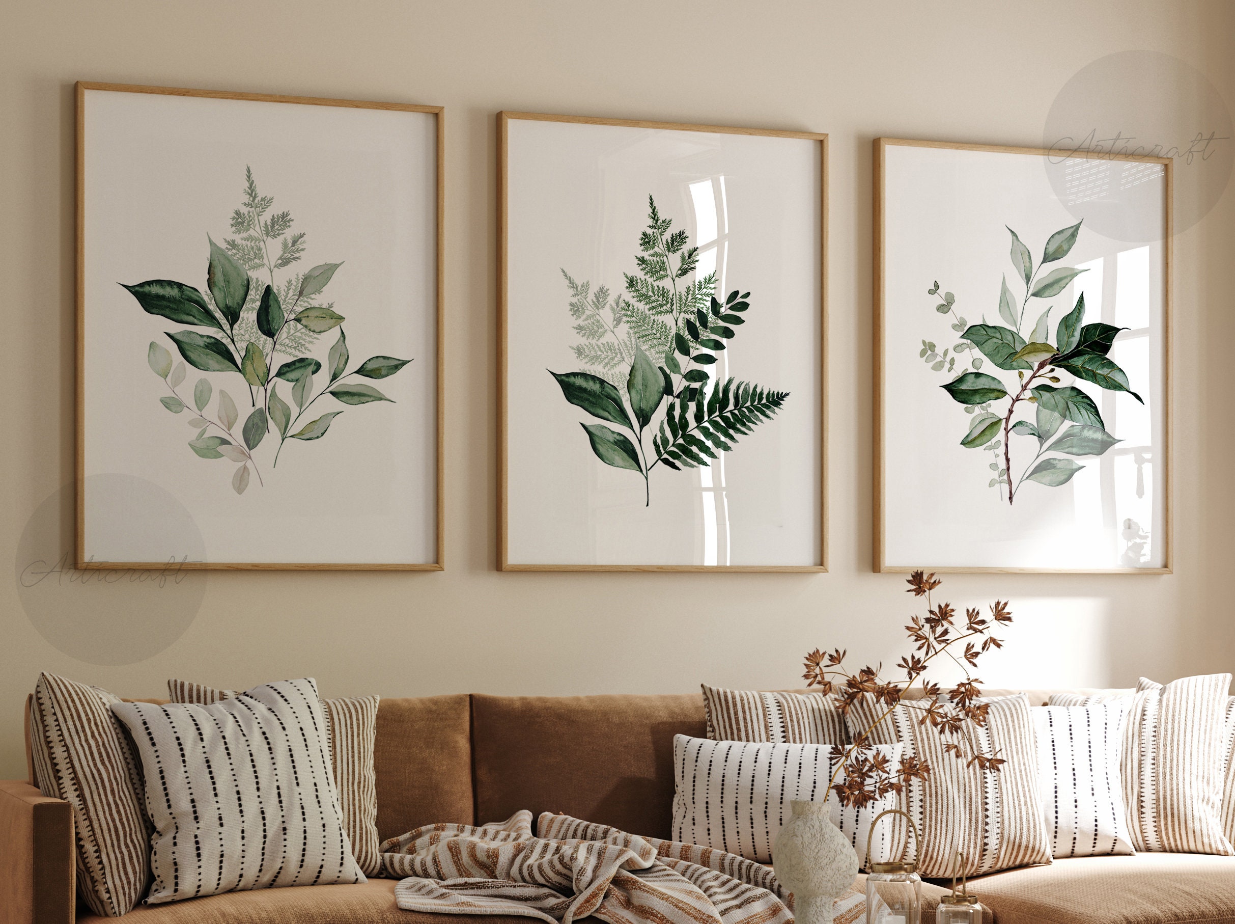 Green Leaves Set of 3, Botanical Gallery Wall Art, Boho Farmhouse