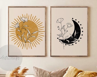 Sun and Moon Print Set of 2, Mid Century Sun and Moon Boho Print Set, Mustard Yellow Flower Sun, Black Moon Wall Art Decor, Nursery wall art