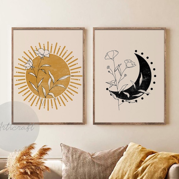 Sonne und Mond Print 2er Set, Mid Century Sonne und Mond Boho Print Set, Senfgelbe Blumen Sonne, schwarzer Mond Wand Kunst Dekor, Kinderzimmer Wandkunst