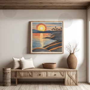 Beach Print, Blue & Orange Ocean Wall Art, Sunset Painting, Retro Sunrise Poster, Coastal Printable Art, Digital Art, Square