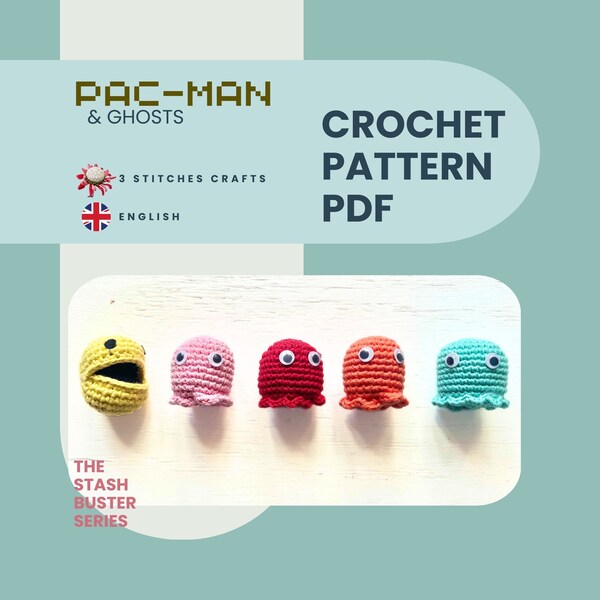 No Sew Pacman & Ghosts Crochet Pattern. Amigurumi pattern. Beginner friendly. Video games. Geek Gifts. 1980s. Digital file PDF Download