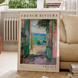 Impresión de la Riviera Francesa, póster de viaje colorido, arte mediterráneo, floral, inspirado en Matisse, pintura para la cocina y el salón, regalo para ella