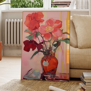 Impresión de flores rosas y rojas en un jarrón, arte de pared con plantas, naturaleza muerta, moderno, ramo, divertido, sala de estar, dormitorio, floral, regalo para ella