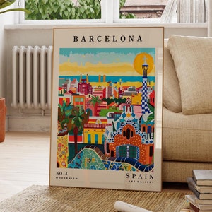Barcelona reisafdruk, kleurrijke muurkunst, leuk modern decor, reiscadeau voor haar, muurkunst woonkamer, keukenposter, slaapkamerkunst