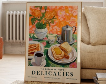 Tea And Toast Breakfast Print, Kitchen Wall Poster, Flowers, Colourful Posters, Still Life, Gift For Food Lover, Fun Decor