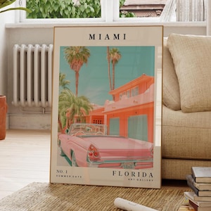 Impression murale Miami, affiche murale BCBG rose, art mural voyage, art vintage rose de la Floride, tropical, ambiance estivale, moderne, cadeau pour elle