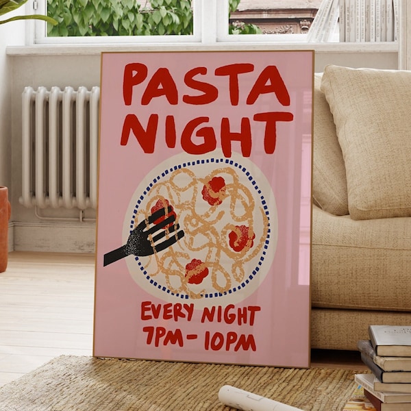 Rosa Pasta Küche Food Print, Bunte Wandkunst, Cafe Wand Poster, Modernes Kunstwerk, Geschenk für Feinschmecker, Italienisches Essen Poster, Fun Home Decor