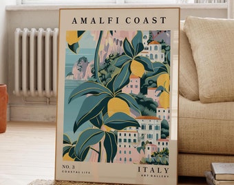 Amalfi Coast Illustration Print, Lemon Wall Art, Travel Poster, Modern Wall Art, Gift For Friend, Fun Wall Decor, Mediterranean Art