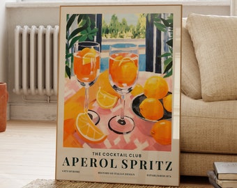 Aperol Spritz Print, Tropical Travel Poster, Italy, Colourful Cocktail Art, Alcohol Gift, Kitchen Wall Art, Modern Bar Art