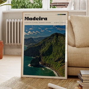 Impression de voyage à Madère, affiche côtière, île du Portugal, design vintage, art mural cuisine, cadeau pour elle, décoration de salon, tropical
