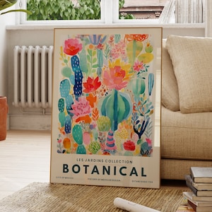 Póster de cactus colorido, flores de acuarela, ilustración botánica, cactus mexicanos, láminas infantiles, arte mural para la cocina, divertido, regalo para ella