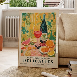 Elegant Lunch Print, Wine And Cheese, Oranges, Kitchen Wall Poster, Still Life, Gallery Wall Art, Still Life, Fun Decor, Colourful