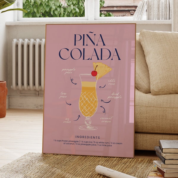 Pina Colada Cocktail Poster, Purple Wall Decor, Fun Modern Drinks Print, Gift For Her, Popular Prints, Alcohol, Kitchen Bar Decor