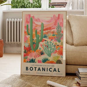 Bunter Kaktus Druck, Pflanzenwandkunst, Wüstenberg, Botanisches Poster, Kinderwanddekor, Küche, modern, witzig, Geschenk für Sie