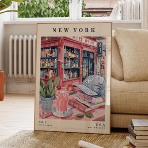Póster de bar de cócteles de la ciudad de Nueva York, póster de pared colorido, arte de viaje, impresión de Nueva York, ilustración moderna, regalo para ella, arte preppy