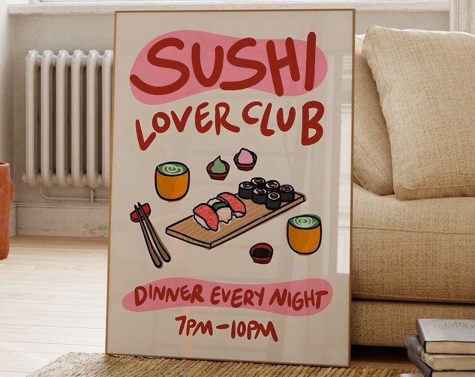 Sushi Lover Kitchen Wall Print, Sushi Gift, Asian Pop Art, Japanese Food Print, Cafe Poster, Modern Artwork, Gift For Her