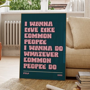 Póster musical Pulp de Common People, impresiones musicales de los 90, regalo personalizado para ella, arte mural de bandas, arte mural colorido, popular, decoración de bares