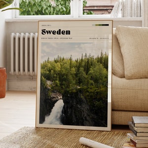Impressão de viagem na Suécia, arte de parede de montanha, design nórdico, decoração escandinava, pôster de foto de viagem, paisagem, minimalista, tranquilo