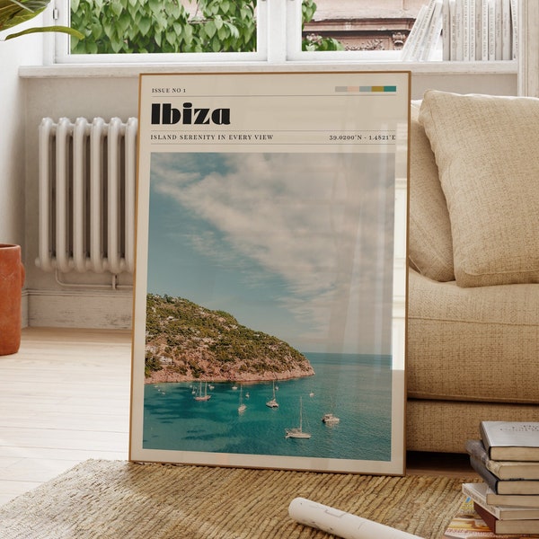 Impresión de Ibiza, Cartel de viaje, Arte retro, España, Arte de la pared de la cocina, Regalo para ella, Decoración de la sala de estar, Regalo personalizado, Costera, Paisaje