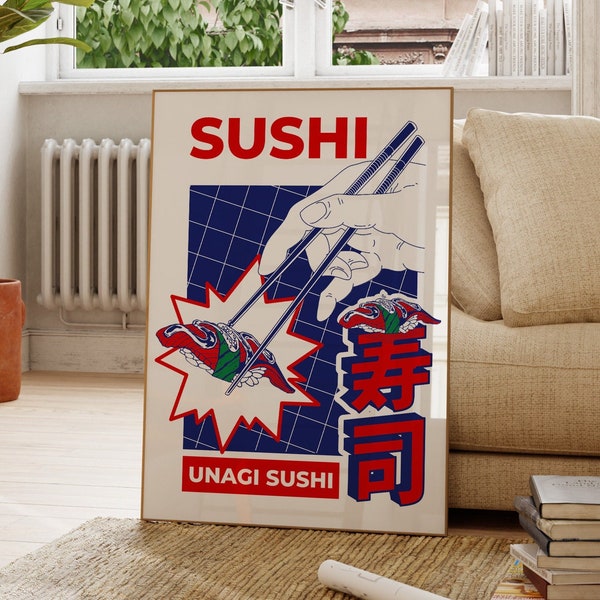 Sushi Kitchen Wall Poster, Sushi Gift, Asian Pop Art, Japanese Food Print, Gallery Wall Art, Cafe Poster, Modern Artwork, Gift For Foodie