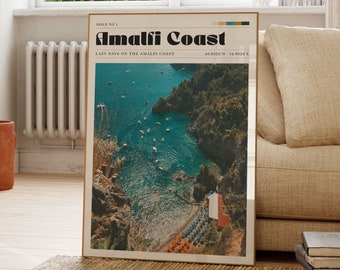 Amalfi Coast Wall Print, Italy, Travel Poster, Retro Art Poster, Sea, Coastal Art, Kitchen, Gift For Her, Living Room Decor, Personalised