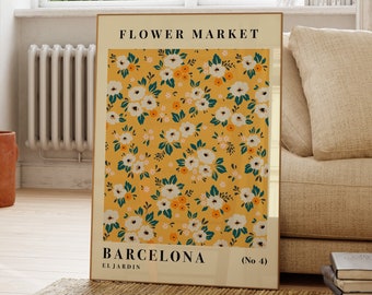 Flower Market Barcelona Poster, Yellow Flower Prints, Boho Home Decor, Plant Wall Art, Gift For Friend, Living Room, Bedroom