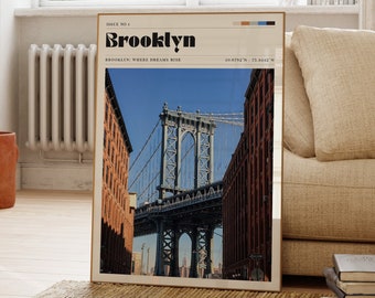 Brooklyn New York Print, Travel Poster, New York City, Vintage, Brooklyn Bridge, Gift For Her, Personalised Gift, Bedroom Decor, Cityscape