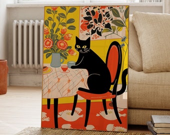 Cat Drinking Coffee Print, Colourful Poster, Flowers, Gift For Animal Lovers, Black Cat, Fun, Bar Decor, Bedroom, Gallery Wall Art